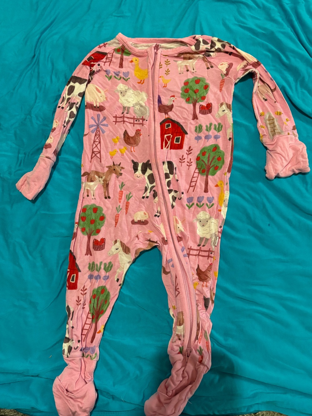 Little Sleepies Pink Farm Animal Zip-Up Footed One-Piece